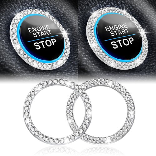 LivTee 2 PCS Crystal Combinatorial Rhinestone Engine Start Decoration Ring, Push to Start Button Cover, White