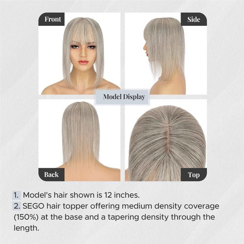 SEGOHAIR Human Hair Topper for Women, with Silk Base 3.94x4.72, 8 Inches, 4 Clips, for Thinning Hair, with Front Bangs, Salt and Pepper Color, Natural Look