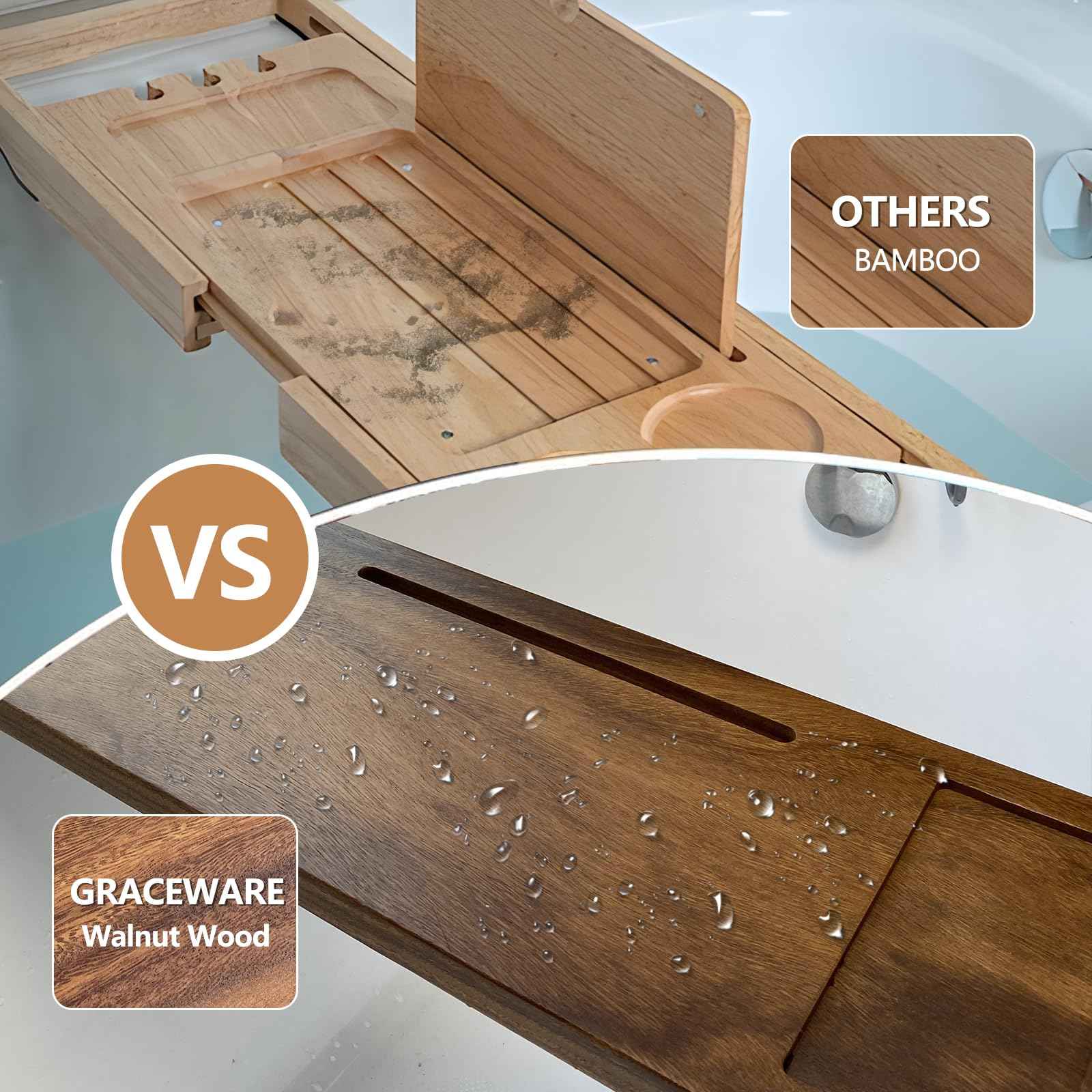 Graceware Solid Walnut Bathtub Tray, 35"x9"x2.5", Adjustable Feet, Anti-Tipping, Luxury Bathroom Accessory