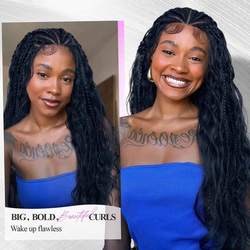 quickwig Braided Curly Wig for Black Women 13x6 Handmade Cornrow Braids Wig Boho Fulani Braid 26 Inch Glueless Black Long Curly Synthetic Wigs 2-in-1 Versatile Style Lace Front Wigs with Baby Hair 1B