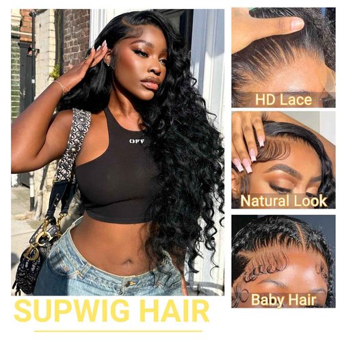 SupWig Deep Wave Lace Front Wigs Human Hair 13x4 HD Lace Wig for Black Women Pre-Plucked 200 Density Soft Glueless Raw Human Hair Natural Color 26 Inch