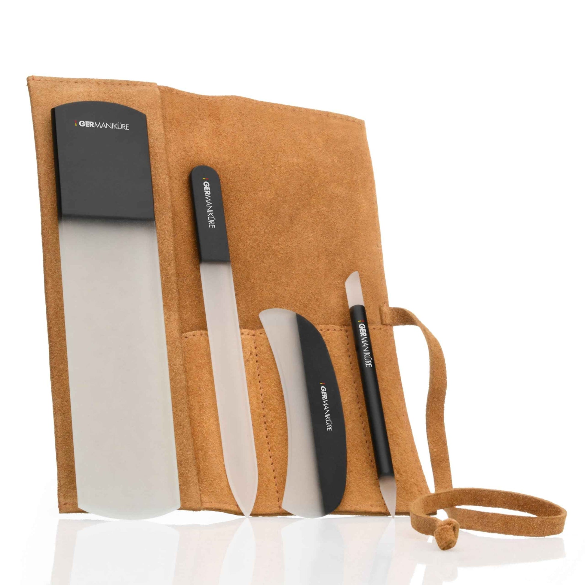 4pcs Manicure Set Genuine Czech Crystal Black Glass Nail File Moon File Manicure Stick Pedicure Foot Care Bar in Yellow Suede by GERmanikure