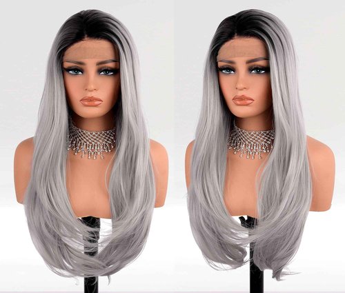 EALGA Ombre Black Grey Lace Front Wigs for Women Silver Grey Hair Wigs Long Natural Wavy Hair Wigs with Middle Part 22 inch Best Affordable Wig EALGA-014