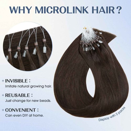 Hairro Microlink Hair Extensions Human Hair Micro Loop Bead In Hair Micro Ring I Tip Pre Bonded Cold Fusion Keratin Glue Stick Remy Itip Hair For Women 20 Inch 50g 50 Strands #02 Dark Brown