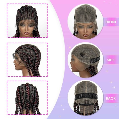 sedittyhair Braided Wigs Synthetic Full Head Lace Wig Braided Wigs for Black Women 36 Inches Braiding Hair Burgundy Color Lace Frontal Lightweight Artificial Braids Wigs with Baby Hair