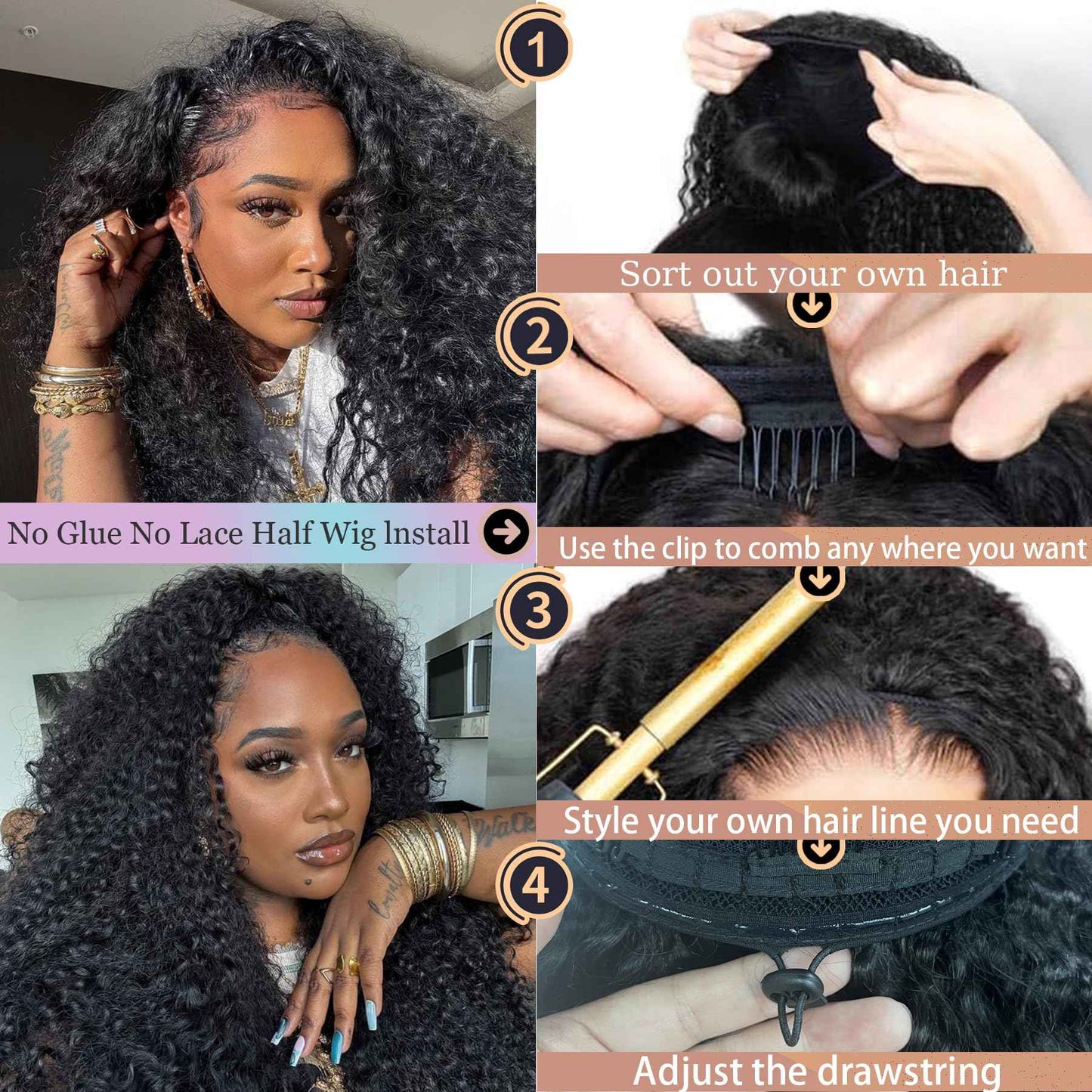 Glimeer Half Wig Human Hair Deep Wave 3 In 1 Drawstring Seamless Filp Over Curly Half Wig 200% Density Wear and Go Glueless Half Wigs for Black Women Natural Color 20 Inch