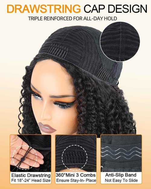 ‌Kinky Curly Half Wig Human Hair With Drawstring 200% Density, Seamless 3 In 1 Flip Over Afro Kinky Curly Wig Human Hair Glueless Wear and Go Headband Curly Half Wigs for Black Women 18 Inch