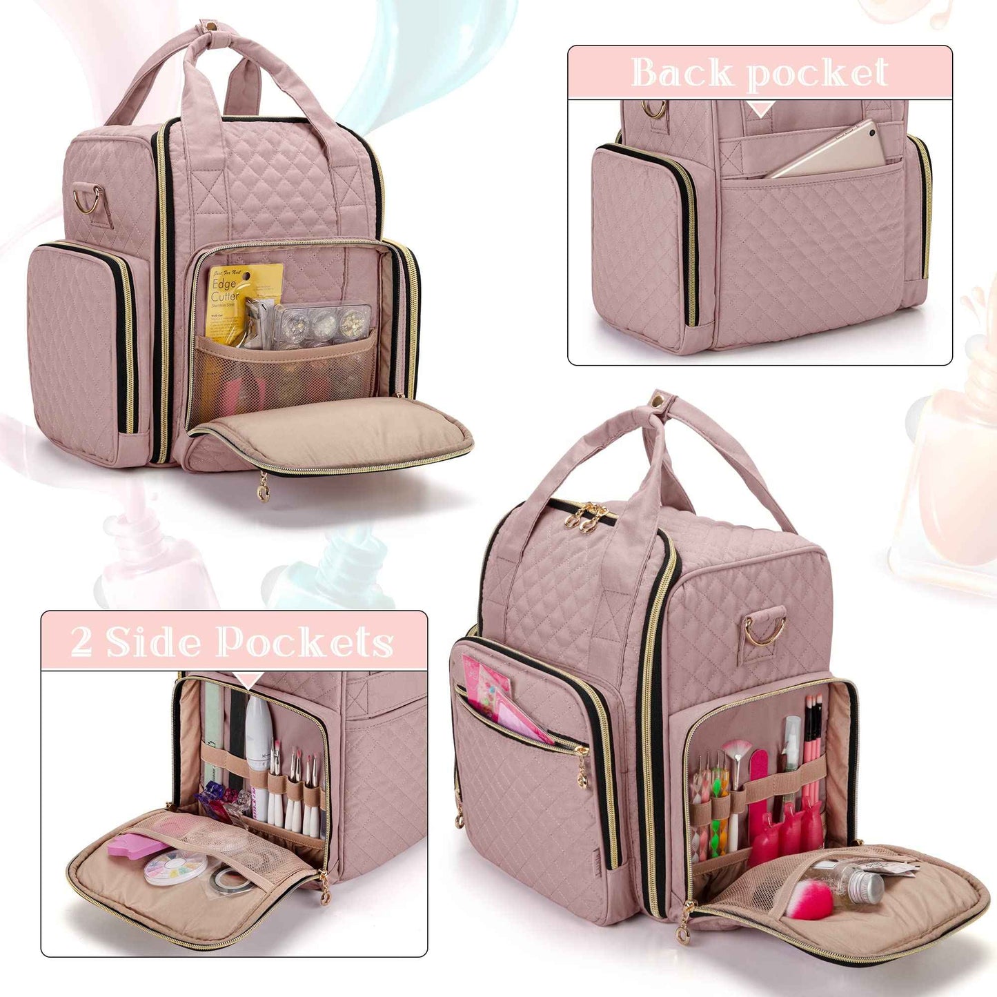 LUXJA Nail Polish Organizer Holds 72 Bottles, Nail Polish Case with 3 Removable Bags and Tools Storage Pockets (Patent Pending), Pale Rose