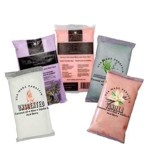 FLEUR DE SPA Paraffin Wax refill 1lb Sampler Pack | Peach, Lavender, Vanilla, Rosemary/Mint/Eucalyptus, & Unscented