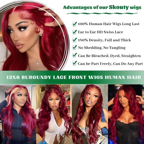 99J Burgundy Wig Human Hair 13x6 Body Wave Lace Front Wigs Human Hair 180% Density 99j Burgundy Lace Front Wigs Red Wine Glueless Wigs Pre Plucked for Women 18 Inch