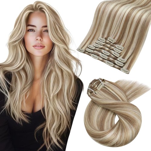 Moresoo Clip in Hair Extensions Real Human Hair Blonde Highlights Brown Clip in Extensions Remy Human Hair Platinum Blonde with Medium Golden Brown Double Weft for Women 120g/7pcs 16 inch