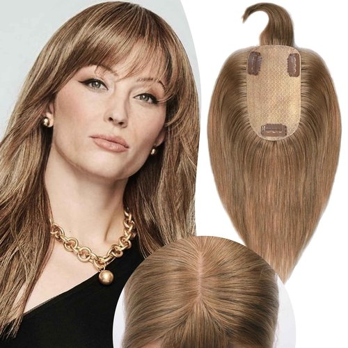 JGS1996 Hair Toppers for Women Real Human Hair Topper with Bangs Hair Clip in Wiglets Hairpieces 3.9x4.7 Silk Base Wig Toppers for Thinning Hair 150% Density Remy Hair Pieces #6 Light Brown