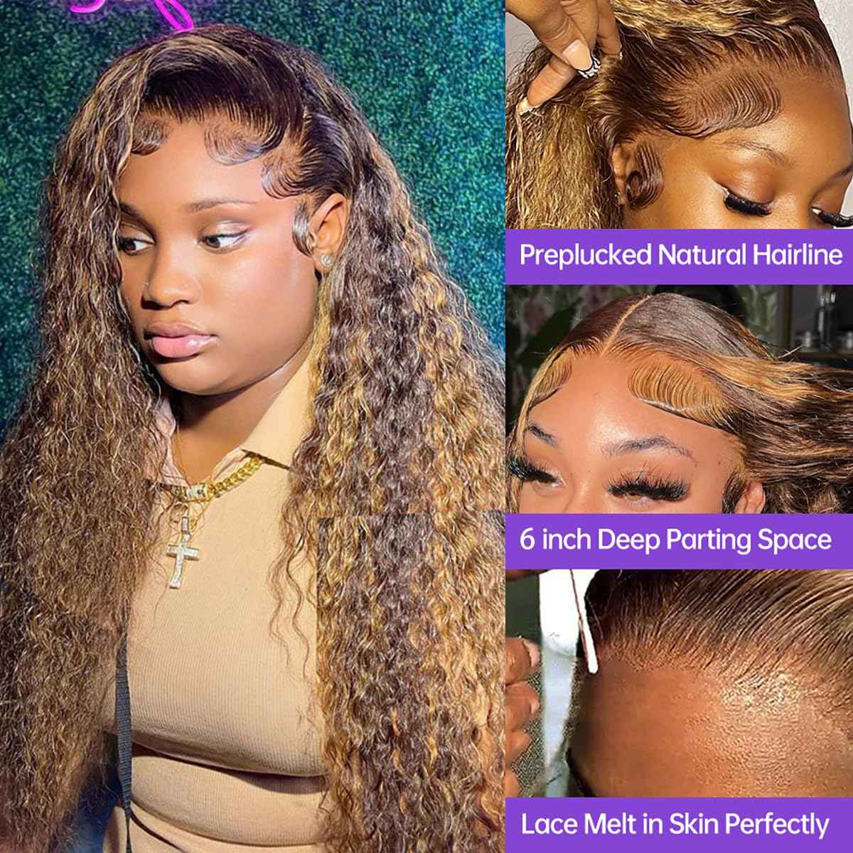 Highlight Lace Front Wig Human Hair 13x6 Deep Wave Wig Brazilian Ombre Honey Blonde Color Wig Human Hair Pre Plucked with Baby Hair Wet and Wavy Deep Curly Wigs for Black Women 180% Density (24 Inch)