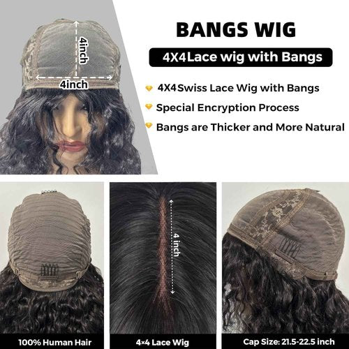 Doiwile Curly Wig with Bangs Human Hair for Black Women 4x4 HD Lace Closure Wigs Human Hair long Black Wig with Bangs Glueless Wigs Human Hair 22inch