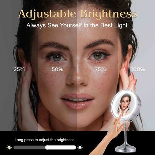 Ultra Zoom 20X Magnifying Lighted Table Mirror for Makeup - 20X & 1X Dual Sided LED Make-up Mirror with 3 Light Modes, Rechargeable Battery with USB Cable - 8" Wide & 15" Tall (Chrome)