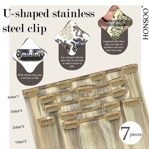 Honsoo Balayage Hair Extensions Real Human Hair Mixed Bleach Blonde 20in 100g 7pcs Clip In Hair Extensions Long Natural Straight Hair Like Your Own Hair