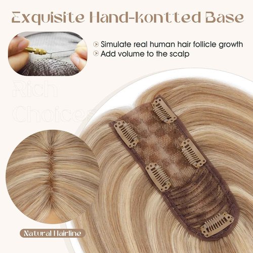 Rich Choices Hair Toppers for Women Real Human Hair 100% Human Remy Toppers for Women with Thinning Clip in NO Bangs Lace Base 150% Density 08 Inch #12P613 Golden Brown Highlight Bleach Blonde