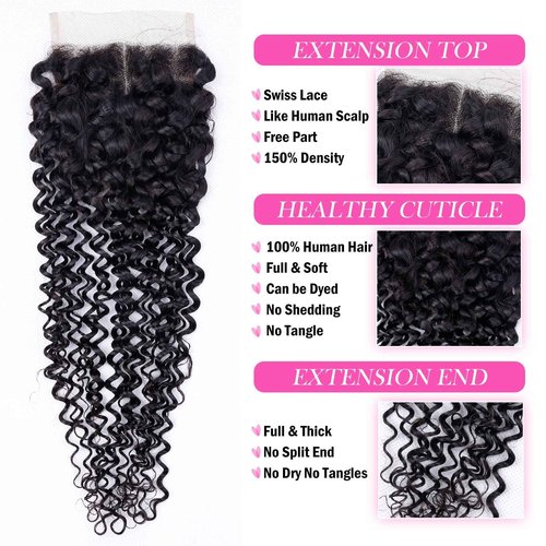 Brazilian Curly Human Hair Bundles with Closure 10A Kinky Curly Bundles and Closure Unprocessed Virgin 3 Bundles with 4x4 Lace Closure Kinky Curly Weave Human Hair Bundles(18 20 22+16) Natural Color