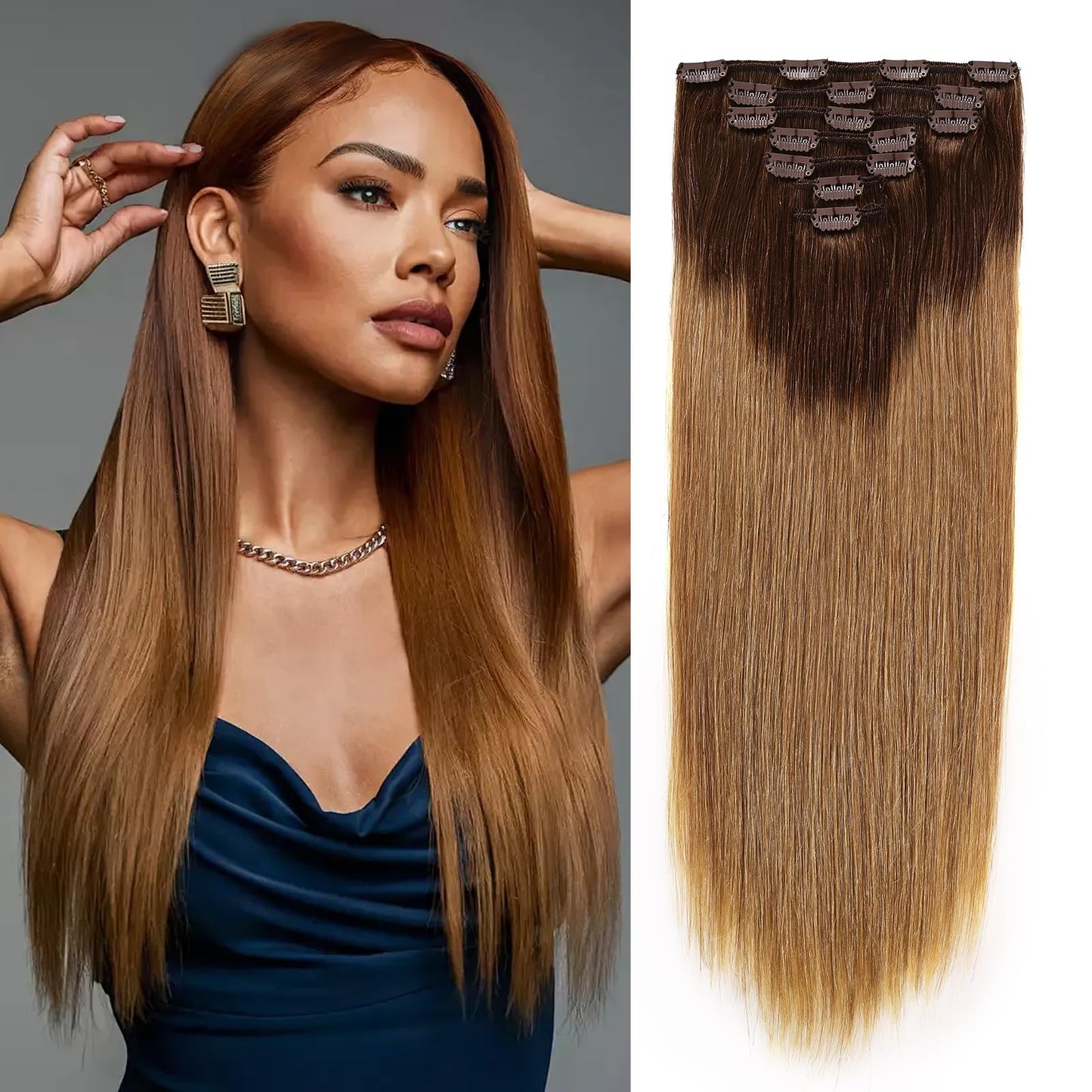 16A Premium Clip in Hair Extensions Real Human Hair, 18inch 120g 7pcs（Service life1.5~2 years）Remy Seamless Invisible Double Weft Human Hair, #T4/27 Balayage Multiple Washes Keep Texture Soft