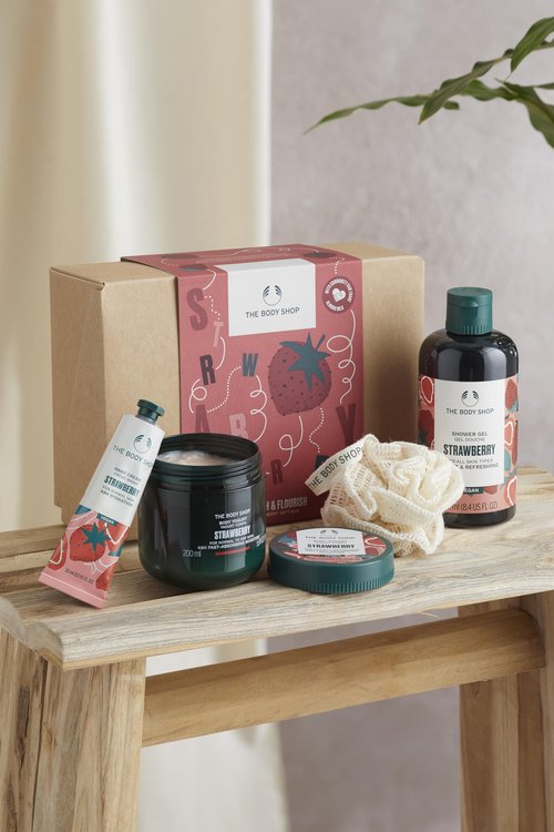 The Body Shop Nourish & Flourish Strawberry Body Care Gift Set, Vegan, 4-Piece Gift Set