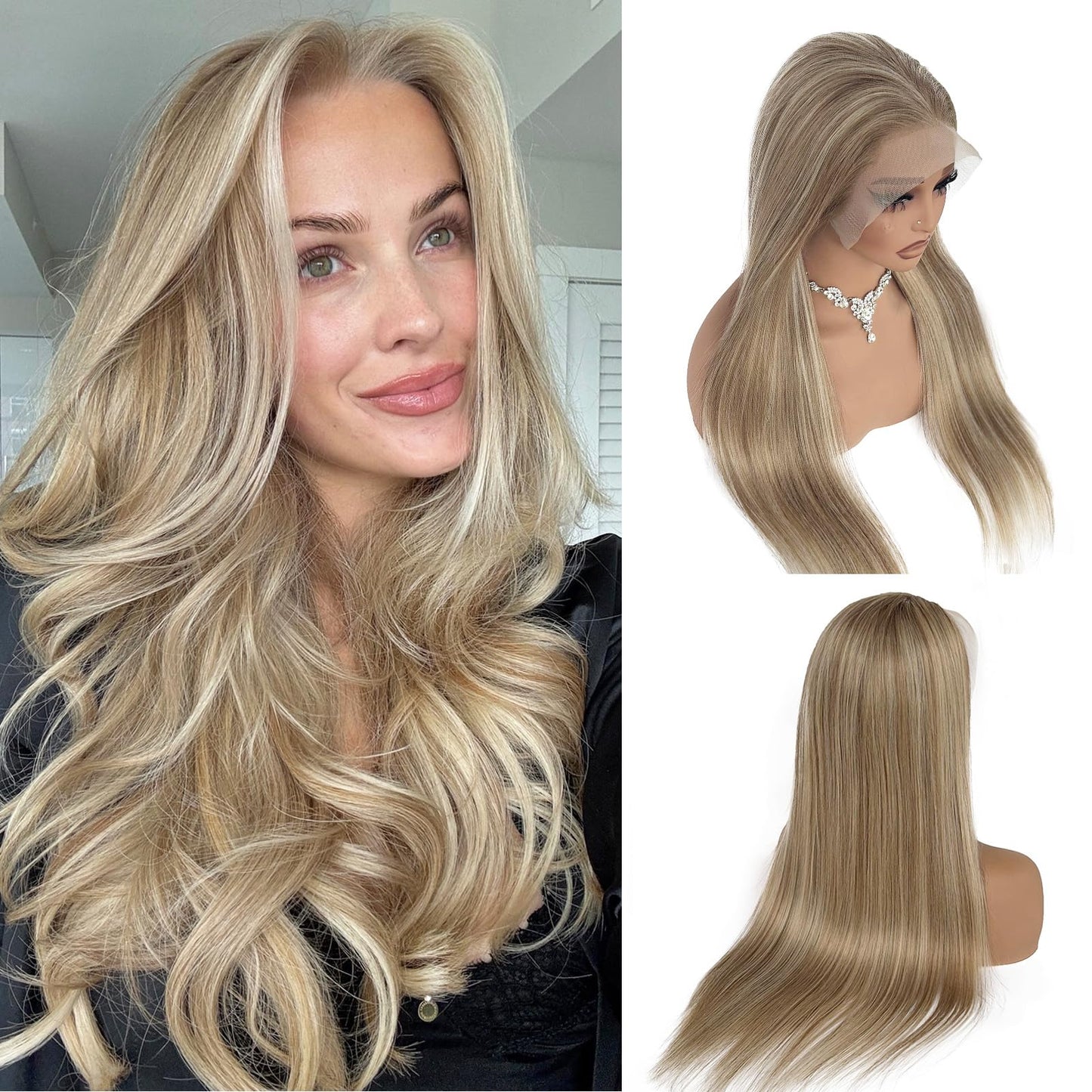 13x6 Ash Blonde Highlight Lace Front Wig Human Hair 20 Inch Straight Ash Brown to Blonde Balayage Wig Human Hair 180% Density Glueless Ombre Brown to Platinum Highlights HD Lace Wigs for Women