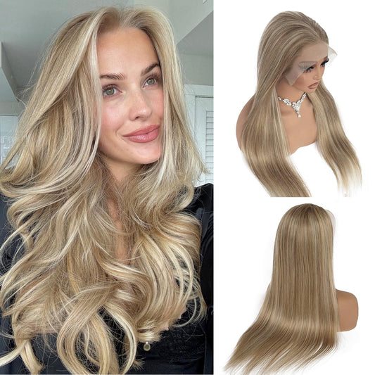13x6 Ash Blonde Highlight Lace Front Wig Human Hair 20 Inch Straight Ash Brown to Blonde Balayage Wig Human Hair 180% Density Glueless Ombre Brown to Platinum Highlights HD Lace Wigs for Women