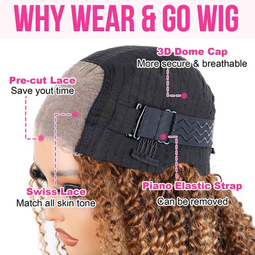 Lealife 14 inch Kinkycurly Wear and Go Glueless Wig Ombre Highlight 4/27 Wigs Pre Cut Transparent Lace Wig human hair Pre Plucked,Natural Hairline for Women 200% Density