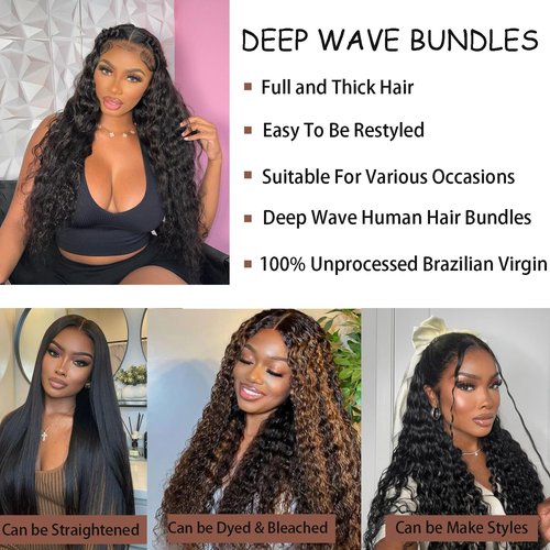 Brazilian Human Hair Bundles 18 20 22 Inch Deep Wave Bundles Human Hair 12A Deep Curly Wave 100% Unprocessed Virgin Hair Weave 3 Bundles Deals Human Hair