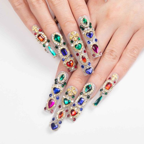 LOVFUL Press on Nails Treasure Trove Rhinestone | Handmade with Full Covered Crystals | Reusable Full Cover Nails | Square Mid length 1.7 in | H103-L