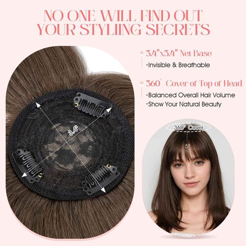 Hairro Mono Hair Toppers with Bangs, 3.4" x 3.4" Mono Base 100% Real Human Hairpieces for Women, 150% Density Clips In Topper for Greyish Thinning Hair, 20 Inch Cocoa Brown
