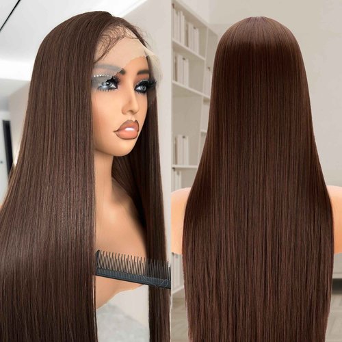 Chocolate Brown Lace Front Wig 30 Inch Glueless Lace Front Wigs Pre-Plucked Straight Hair HD Synthetic Wig (Chocolate Brown, 30 Inch)