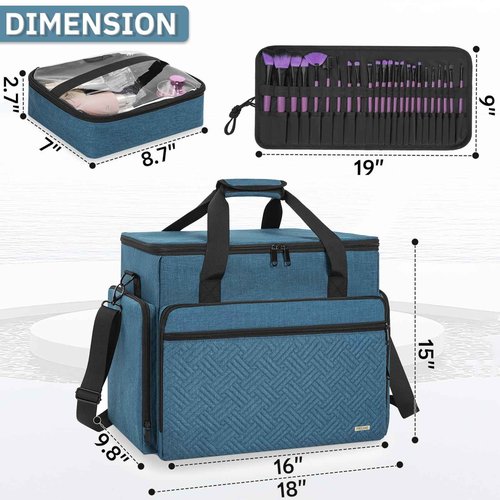 FREEAMG Extra Large Makeup Case with 4 Removable Pouches, Professional Make up Train Case,Travel Cosmetic Bag for Hairstylists Nail Tech Makeup Artist with Shoulder Strap and Handle （Blue）（Bag only）