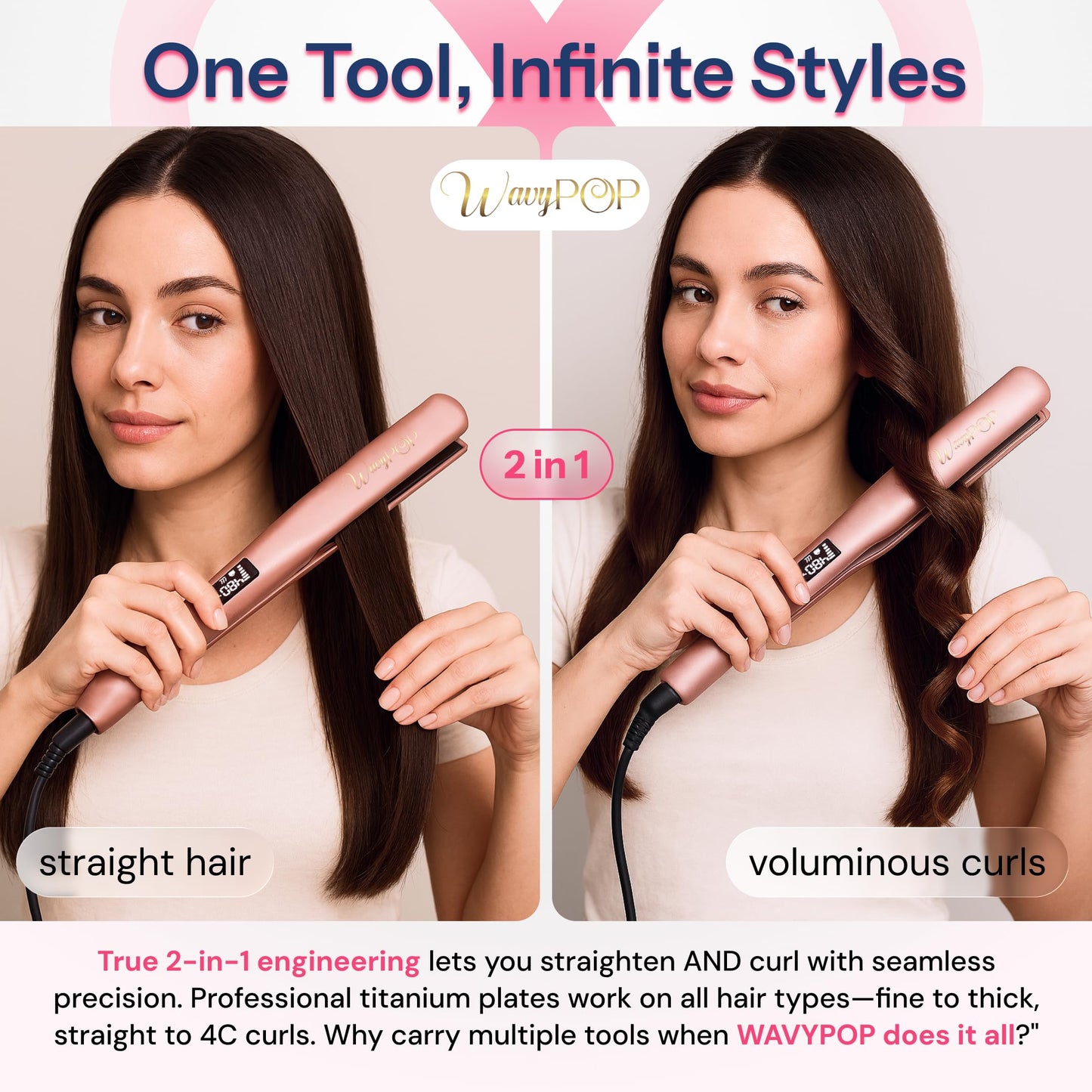 2 in 1 Professional Dual-Voltage Titanium Flat Iron Hair Straightener | up to 480°F | 10s Heat-Up | Straightening Iron & Hair Curling Wand 1.75" with Ceramic MCH Fast Heat, Auto Shut Off