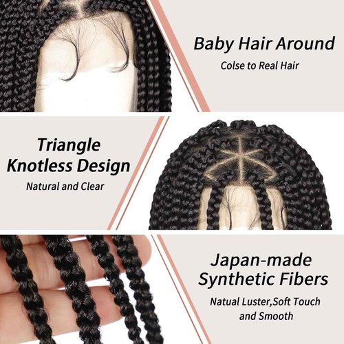 Lexqui 36'' Knotless Box Braided Wigs for Women Braided Lace Wigs Full Lace Braided wig Premium Synthetic Triangle Lace Front Braided Wigs with Baby Hair Braid Lace Front Wig Natural Black