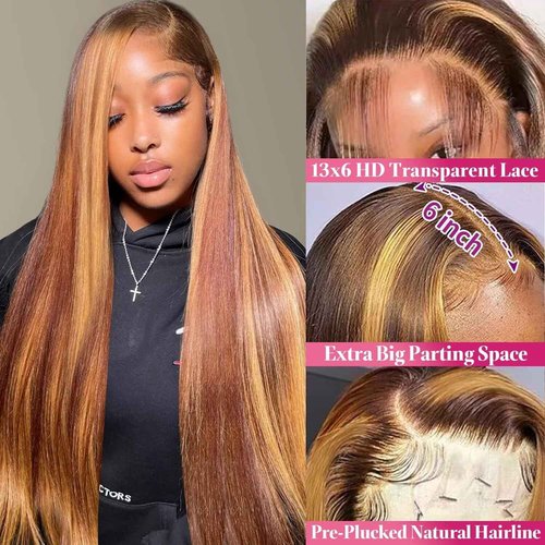 Arsola Ombre Highlight Lace Front Wigs Human Hair 180% Density 13x6 HD Transparent Pre Plucked Straight Lace Front Wigs Human Hair 20 Inch Glueless #4/27 Colored Honey Blonde Wig for Women
