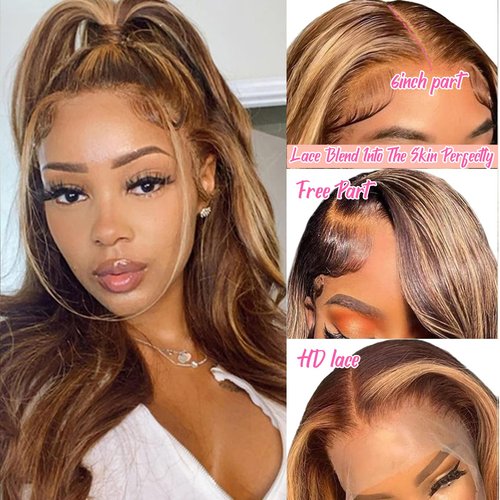 Smavida 13x6 Highlight Straight 4/27 HD Lace Front Wig Human Hair,20Inch Brown Colored HD Transparent Lace Frontal Wig Human Hair Brown to Blonde Ombre Highlight Lace Wigs