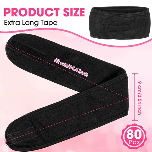 Tigeen 80 Pcs Spa Headband Bulk Adjustable Facial Headbands for Women Skincare Makeup Shower Hair Wraps for Washing Face(Black)