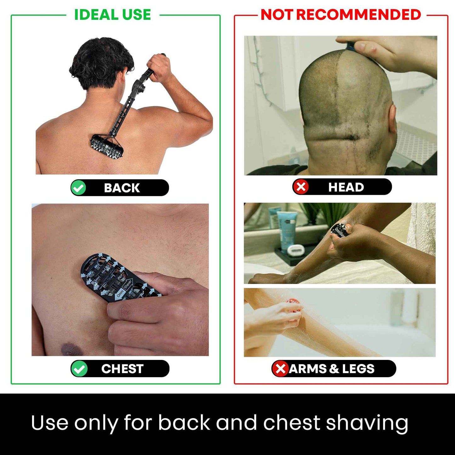 OmniShaver Ergonomic Maintenance Back Shaving Kit - Extendable Handle with Dual Shave Heads for Easy Reach - Includes Lotion Spreader - Self-Cleaning & Self-Stropping - Maintenance Back Shaver for Men