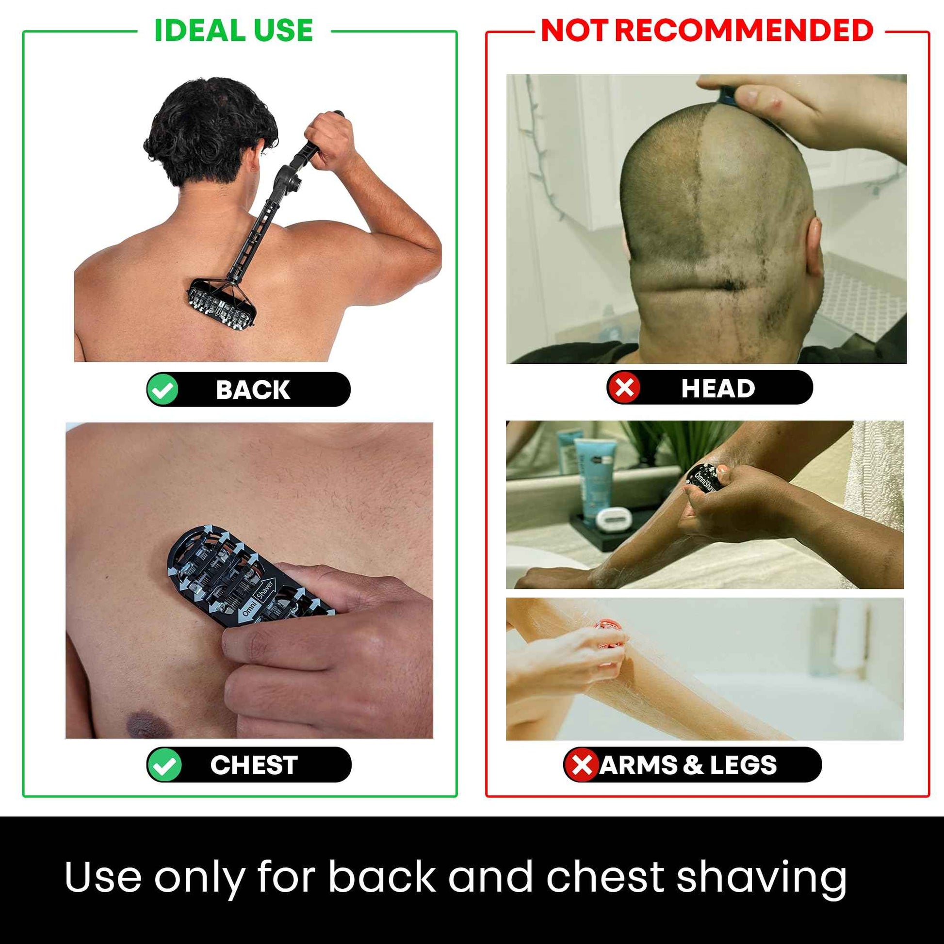 OmniShaver Ergonomic Maintenance Back Shaving Kit - Extendable Handle with Dual Shave Heads for Easy Reach - Includes Lotion Spreader - Self-Cleaning & Self-Stropping - Maintenance Back Shaver for Men