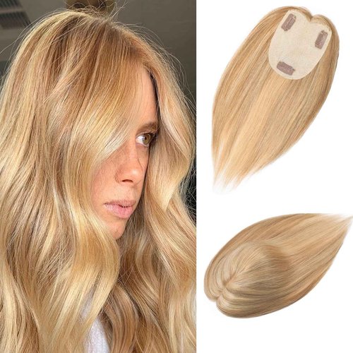 RICH BRIA Human Hair Toppers for Women with Thinning Hair Real Human Topper Crown No Bangs 10 Inch #12P613 Golden Brown mix Bleach Blonde