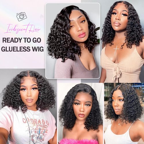 Put On and Go Glueless Wigs Human Hair Pre Plucked Pre Cut Lace Closure Wigs for Black Women 200% Density Glueless Deep Curly Bob Wig Human Hair 30 Seconds Install for Beginners Natural Color 14 Inch
