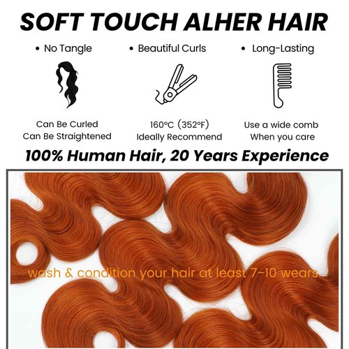 ALHER #350 Ginger Orange Body Wave 13x4 Lace Frontal Human Hair 18 Inch, Copper Orange Colored HD Transparent Lace Frontal Closure Ear to Ear 100% Virgin Remy Human Hair 150% Density