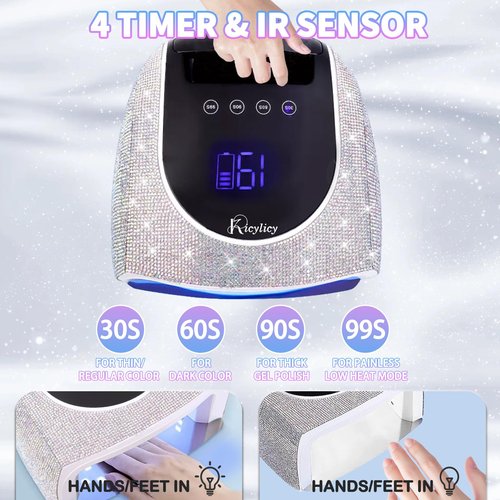Kicylicy UV LED Nail Lamp,96W Rechargeable Cordless Nail Lamp Gel Polish UV Nail Lamp,Diamond Professional Curing Lamp with 4 Timer Setting,Handle,Big Display Auto Sensor for Salon & Home