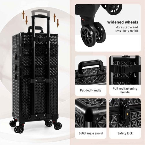 AROUS 5 in 1 Rolling Makeup Train Case Cosmetology Case on Wheels Large Cosmetic Organizer Travel Cart for Hairstylist Artist Nail Beauty Salon Barber,Black