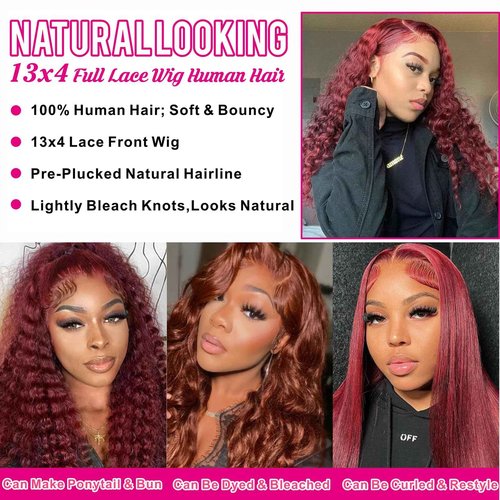 Aveiyce Reddish Brown Deep Wave Lace Front Wigs Human Hair 33b Colored 13x4 HD Lace Frontal Wig for Women 180% Density Auburn Glueless Curly Wig Pre Plucked 20 Inch
