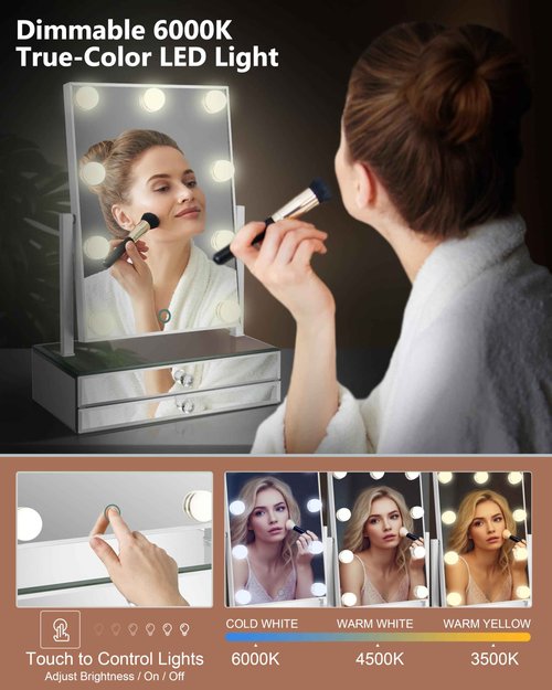 Star Vision 2-in-1 Large Lighted Hollywood Mirror & Glass Jewelry Organizer, 3 Color Tones & Dimmable Light, 2-Layer Drawers, Luxury Crystal Diamond Effect Surface, Includes a 10X Magnification Mirror