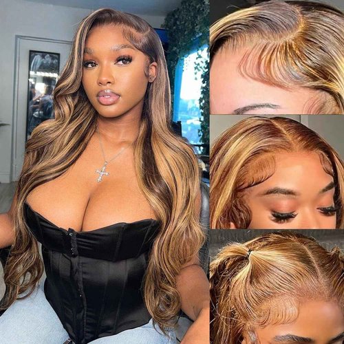 FASHION VILA Ombre Lace Front Wig - Human Hair, 13x4 Body Wave, 4/27 Highlight, Honey Blonde, 180% Density (18 inch)
