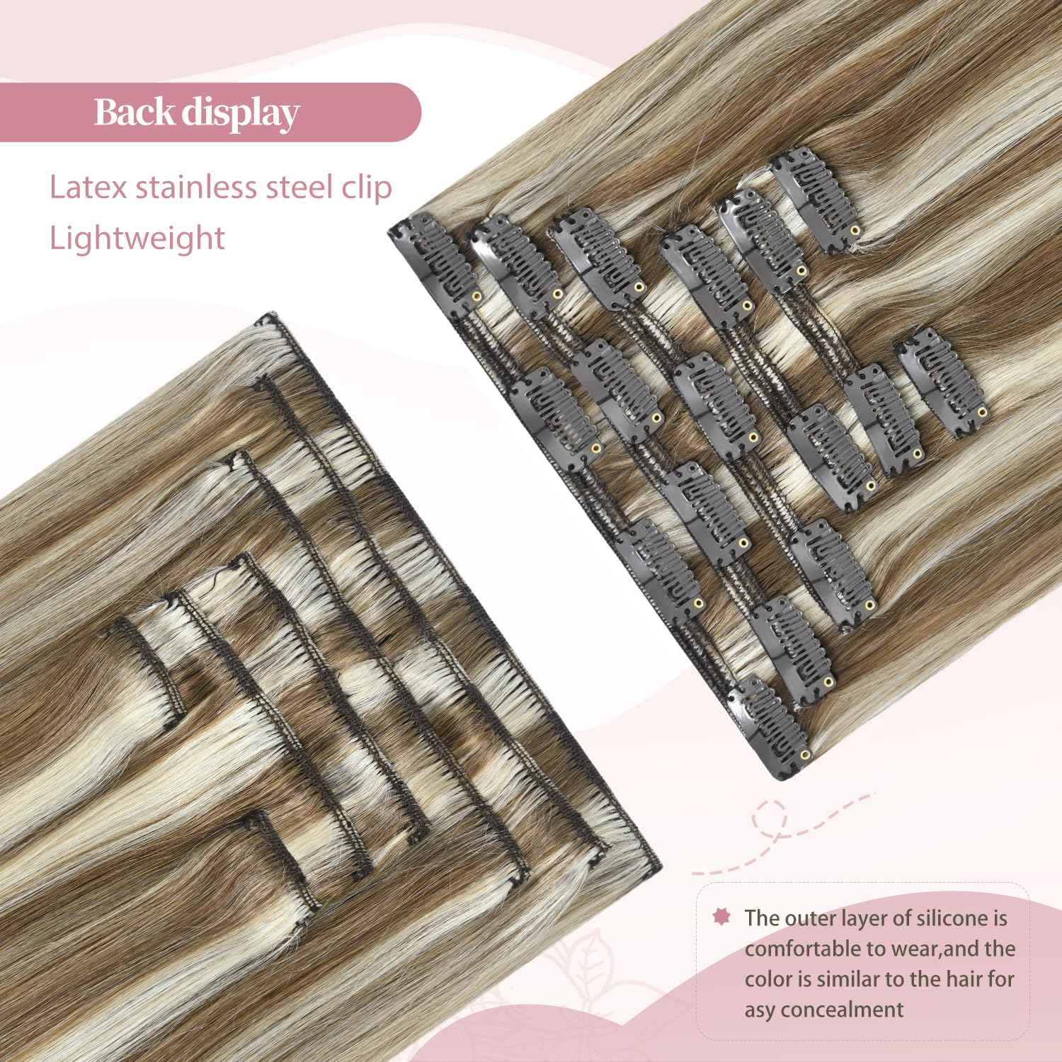 HUAYI Clip In Hair Extensions - Ash Blonde Mixed Platinum Blonde 120g 20 Inch, Real Human Hair Extensions for Women, Premium Quality Hair Extensions Real Human Hair for a Natural Look