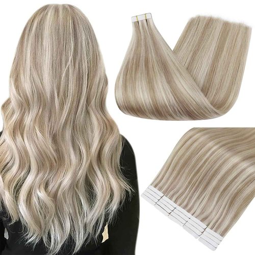 Full Shine Tape in Hair Extensions Human Hair 18 and 20 Inch Blonde Remy Human Hair Tape in Extensions Color 18/613 Ash Blonde Highlight Platinum Blonde Invisible Hair Extensions Tape in 20Pcs 50Grams