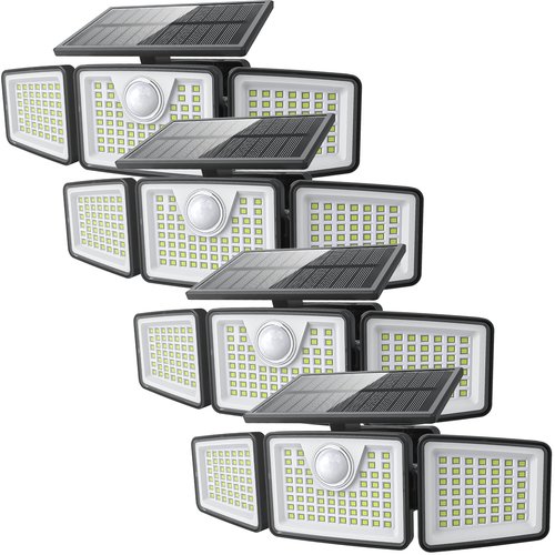 daphino 2500LM Solar Lights Outdoor with Motion Sensor,3 Head 270° Wide Angle Street Area Lights,IP65 Waterproof Security Lighting with 3 Modes(Non-Remote,4 Pcs)